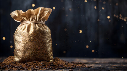 una bolsa dorada metalica con cafe molido sobre una mesa de madera y un monton de granos de cafe con rico aroma fresco y organico 
