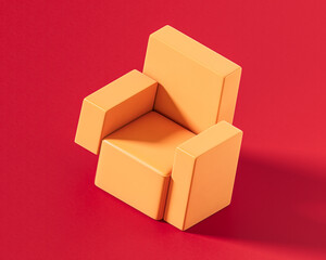 Geometric block-style armchair with sharp, angular forms for a brutalist-inspired modern interior.Single color, flat orange furniture, 3d rendering