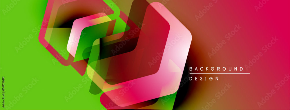 Poster abstract geometric shapes overlap, creating vibrant color gradients. green transitions to pink, with