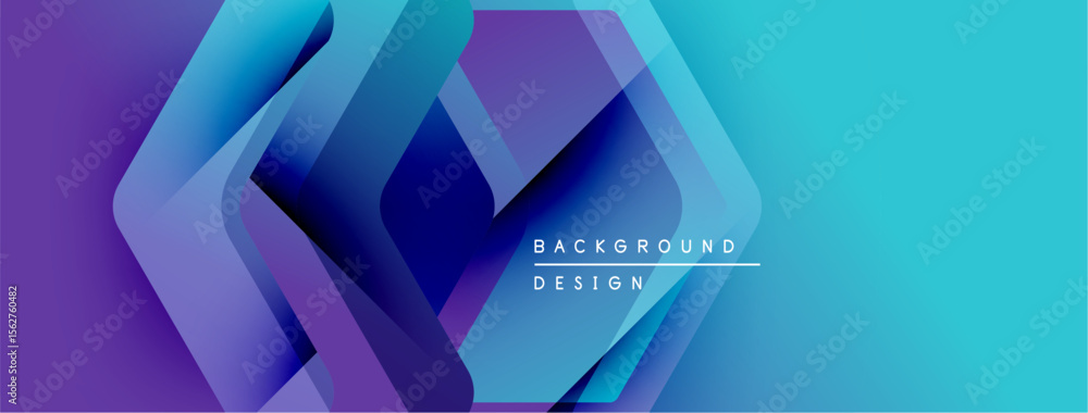 Poster abstract geometric shapes overlap, creating vibrant blue, purple gradients. modern design suggests t