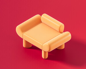 A playful orange modular seat with oversized, rounded components forming its base, back, and armrests, on a vibrant red background, 3d rendering