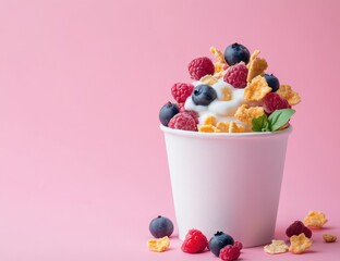 White cup of frozen yogurt topped with berries and granola