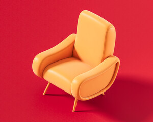 Mid-century modern armchair featuring sculpted armrests, tapered legs, and a soft organic silhouette. Single color, flat orange furniture, 3d rendering
