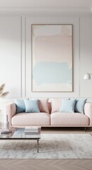 Pastel Pink Sofa with Blue Cushions in Modern Living Room