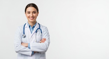 young adult doctor wearing lab coat with faint smile, arms crossed, standing proudly. Isolated subject without props or text.