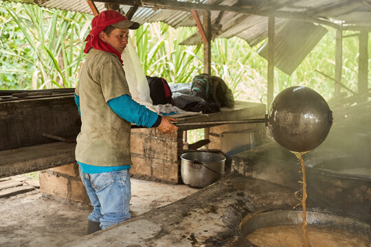 Farmer making panela from sugar cane juice in rustic workshop