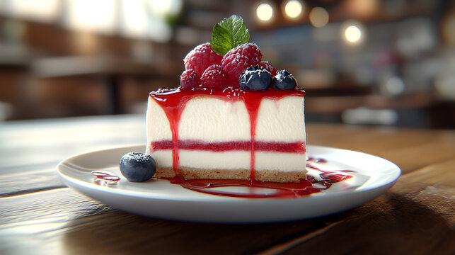 una rebanada de pastel de queso con frutos rojos con arandanos y frambuesas pasteleria y postres sobre un plato sobre una mesa de madera en una cocina o restaurante 