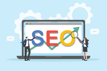 Search engine optimization for website keyword ranking development. Digital marketing strategy. Website SEO analysis flat vector illustration.