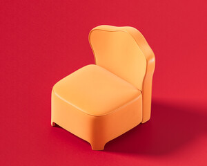 A modern orange modular low-profile chair with a curved backrest and a solid base, offering contemporary comfort on a red background, 3d render