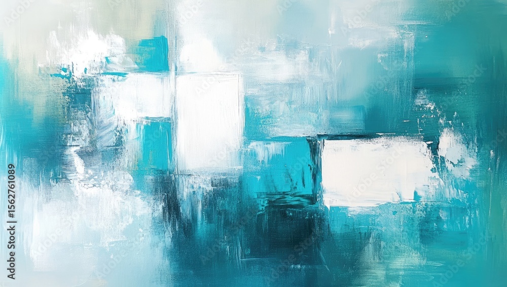 Poster abstract painting with teal, white, and gray. textural blocks of color, creating a layered effect