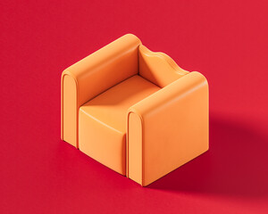 A contemporary orange modular single rectangular armchair with a unique, wave-like backrest element, on a red background, 3d render