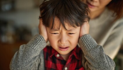 Obraz premium A child crying with hands over ears