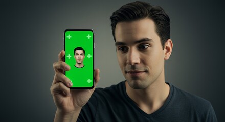 Young man examines a smartphone screen showing a digital image of himself against a green background, a thoughtful expression on his face.