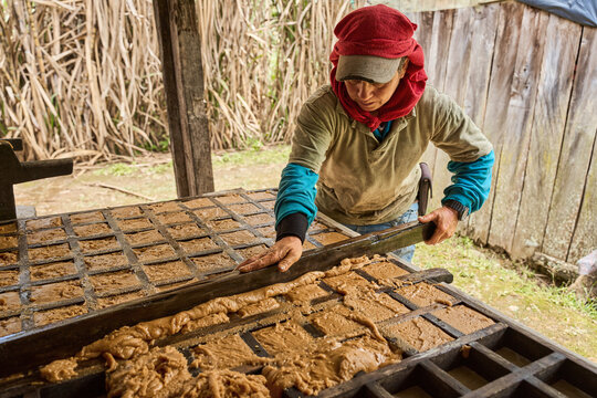 Farmer making panela from sugar cane in colombia