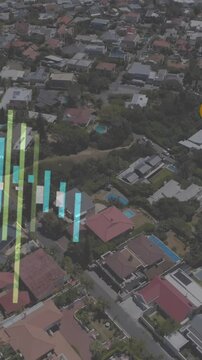 Animation of financial data processing over road sign and cityscape