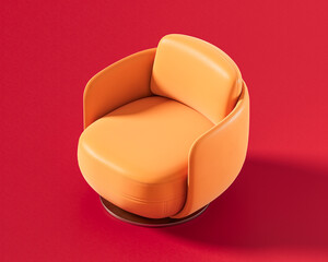 Isometric view of a luxurious orange leather tub chair on a swivel base. Its seamless, enveloping design offers comfort and style, isolated on a vibrant red studio background, 3d rendering