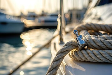 Close-up of mooring rope on a yacht, sunset glow