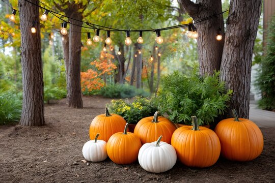 Orange and white pumpkins sit under string lights in a garden during the fall season