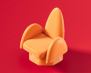 Isometric view, orange lounge chair with a sculpted, futuristic design featuring distinct wing-like armrests and a high back on a red background, 3d rendering