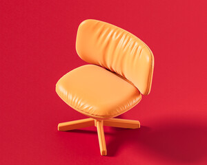 A modern orange swivel chair with a curved, ergonomic backrest and a minimalist four-legged base, on a bold red background, Isometric view, 3d rendering