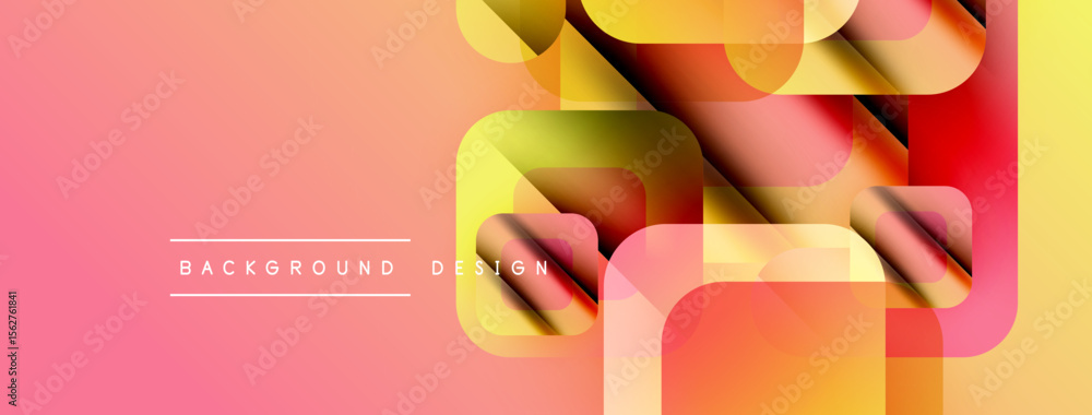 Poster abstract geometric shapes overlap, creating vibrant gradient effect. pink, orange, yellow hues domin