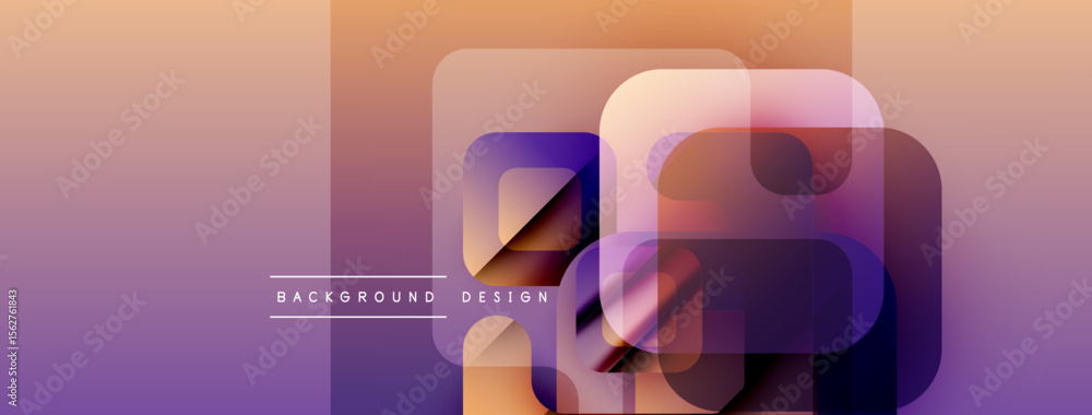 Poster abstract geometric shapes overlap, creating vibrant purple, orange gradients. modern design elements