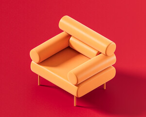 A rectangular orange modern armchair with multiple cylindrical bolster cushions forming its back and armrests, on a vibrant red background, 3d rendering