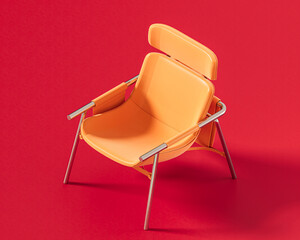 A flat orange color, single armchair with a unique open metal frame supporting a curved seat and headrest, showcasing an architectural design on red., 3d render