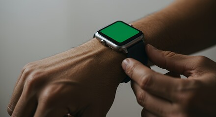 Close-up of a person's wrist wearing a sleek smartwatch with a vibrant green screen, adjusting the band with a focused hand.