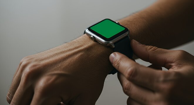 Close-up of a person's wrist wearing a sleek smartwatch with a vibrant green screen, adjusting the band with a focused hand.
