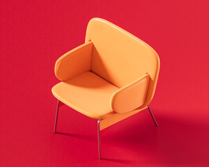 A minimalist orange armchair with a sleek, rounded, and compact design, featuring an integrated back and armrests on a vibrant red background. Single color, flat style furniture, 3d rendering