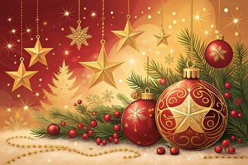 Festive christmas scene with hanging golden stars red baubles pine branches and sparkling lights creating a warm and celebratory holiday atmosphere