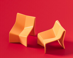 A couple of plush orange lounge chair with a unique, continuous wraparound backrest and armrests, creating a modern, inviting silhouette on a red background, 3d render