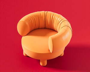 A flat orange color, single sofa or loveseat with a deep, comfortable seat and a unique, subtly curved high back on a vivid red background, 3d rendering