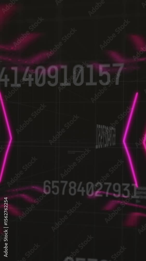 Poster animation of tunnel with neon shapes over data processing on black background