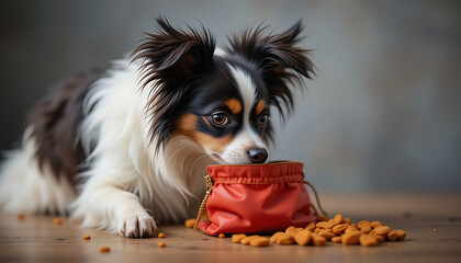 Obraz premium Curious Papillon Dog Gazing at Food Pouch with Scattered Treats, Close-Up