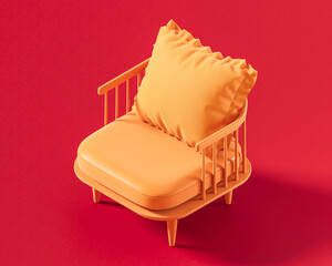 A sleek orange dining chair or accent chair with a high, rounded backrest and slender, modern legs on a bold red background, 3d rendering