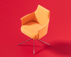 A modern orange lounge chair featuring a seamless, minimalist design with a low back and plush seat, on a vibrant red background, 3d rendering