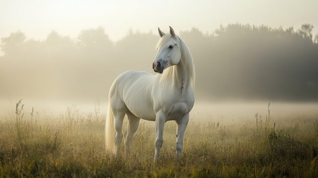 Majestic white horse standing in a misty field at dawn, bathed in soft light