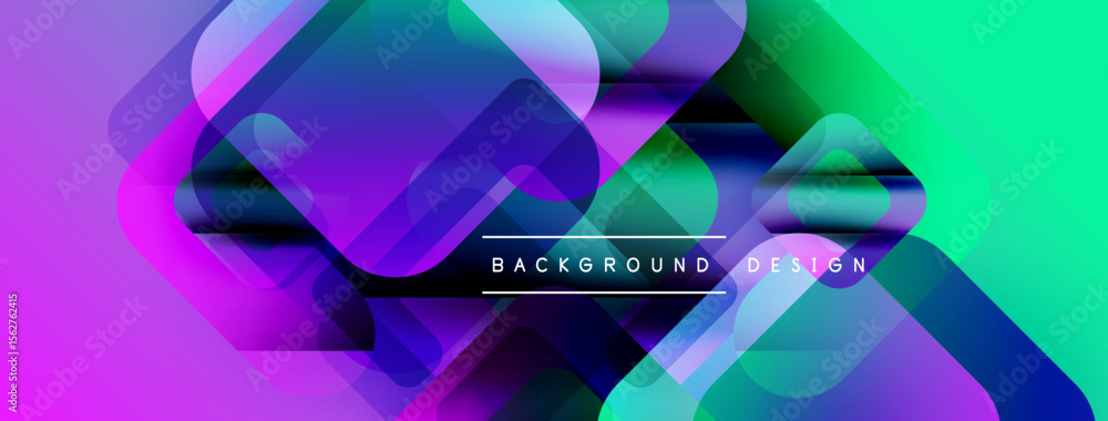 Poster Abstract vibrant design features overlapping squares, gradients. Purple, blue, green hues create dynamic visual effect. Modern background.