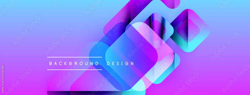 Poster Abstract geometric shapes overlap, creating vibrant purple, blue gradients. Text reads background design centered within composition. Modern, clean aesthetic.