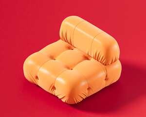 A plush orange tufted armchair with a deep, comfortable seat and a cylindrical bolster cushion for back support, a luxurious and design on a red background, ideal for relaxation, 3d rendering