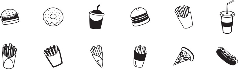 Black and White Icon Set Featuring a Wide Range of Delicious Fast Food and Snack Items in Vector Illustration Style.