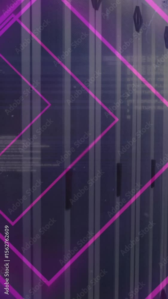 Poster animation of tunnel with neon shapes over data processing and server room