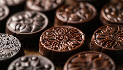 Close-up of dark chocolate truffles.  Intricate designs in dark chocolate