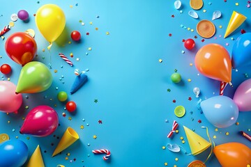 A vibrant overhead view of a festive blue background adorned with a colorful assortment of party balloons confetti party hats candy canes and noisemakers creating a celebratory atmosphere