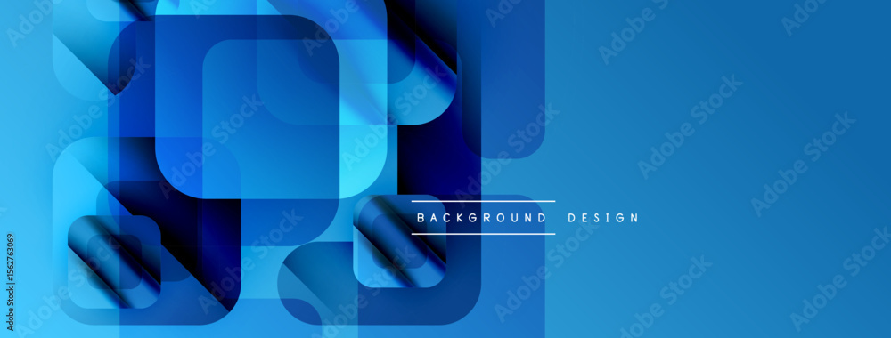 Poster Abstract blue shapes overlap, creating dynamic visual effect. Gradient shades enhance depth, modern aesthetic. Minimal text present.