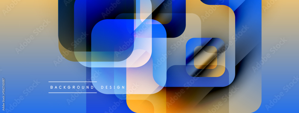 Poster abstract geometric shapes overlap, creating vibrant blue, orange gradients. modern design elements s