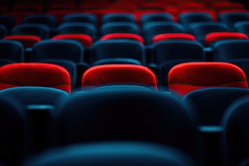 Fototapeta premium Empty theater seats in rows, lit with red and blue