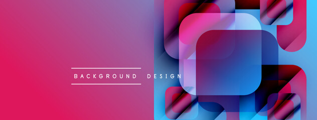 Abstract geometric shapes overlap, creating vibrant gradient effect. Pink, blue hues dominate design, modern aesthetic.